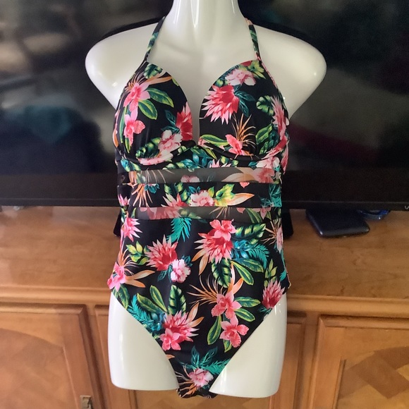 Shade & Shore one piece swimsuit black floral 36C 10/12 NWOT ties back box 1,000 - Picture 1 of 16